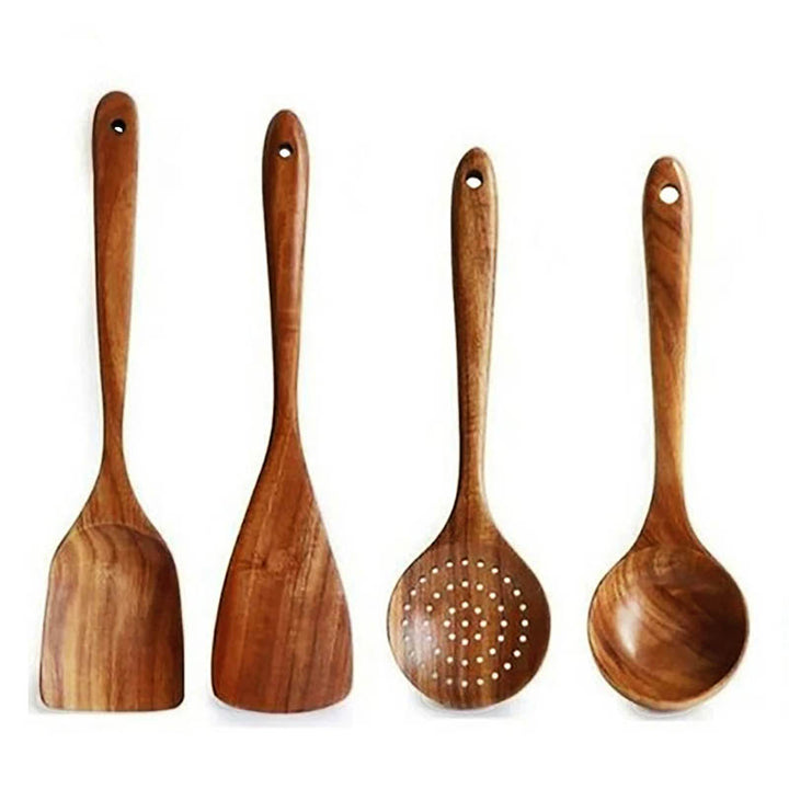 Four-piece teak cooking utensil set with hole handles, includes ladle, slotted spoon, and spatulas