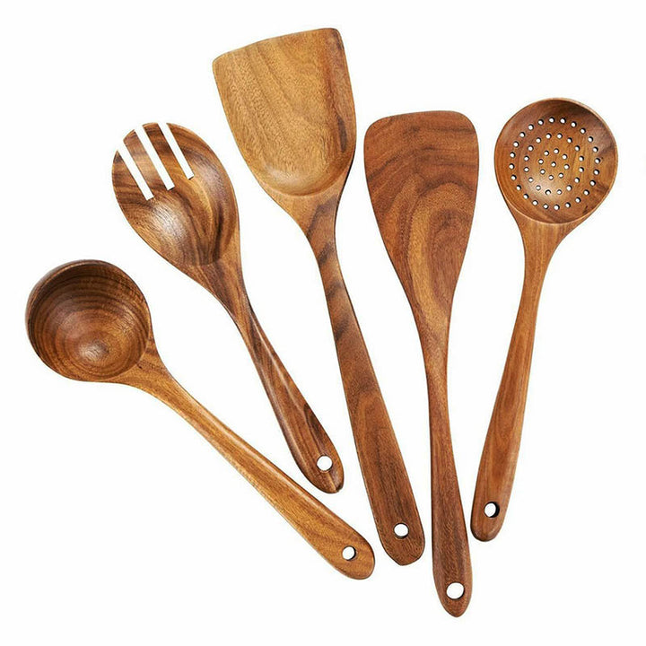 Five-piece wooden kitchen utensil set with ergonomic handles, carved from natural teak wood