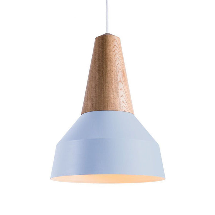 Pendant light with wooden top and blue base on a white background