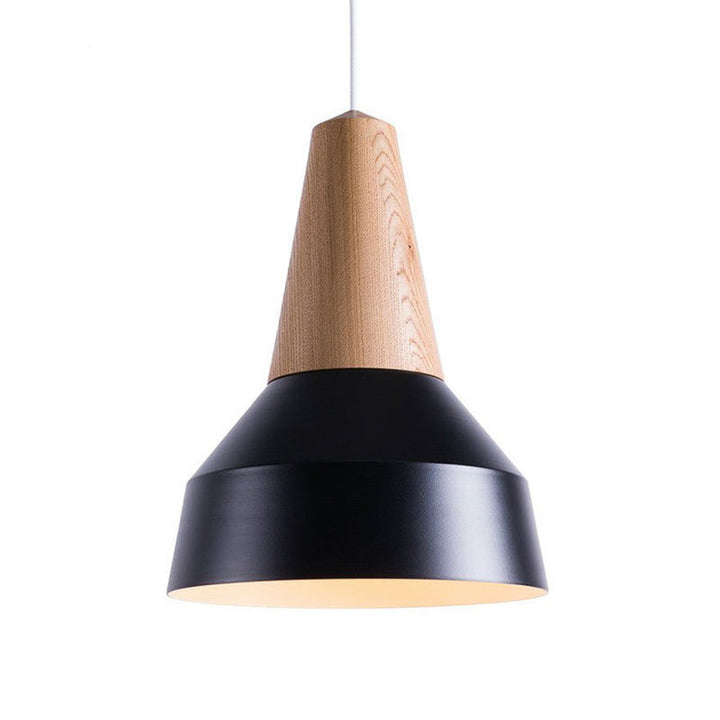Pendant light with wooden top and black bottom on a white background