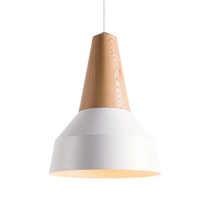 Pendant light with wooden top and white base on a white background