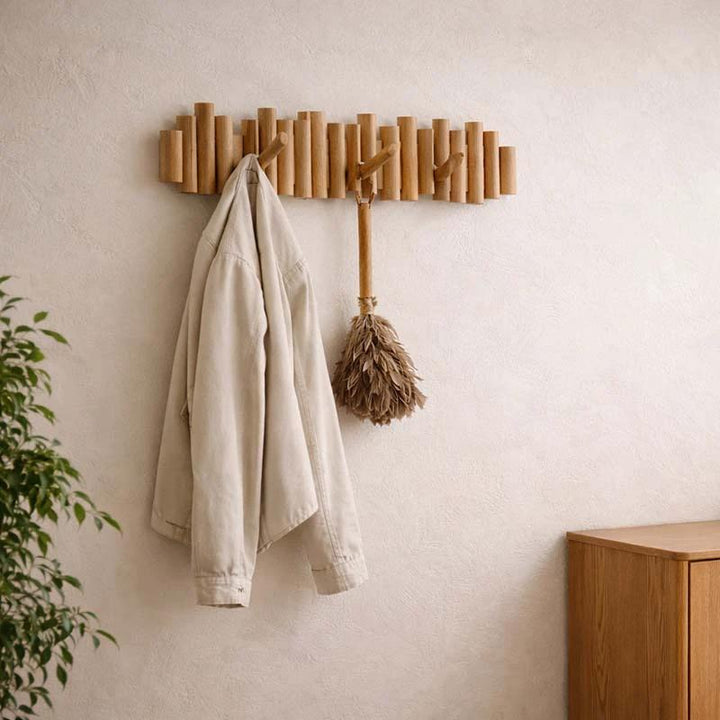 Wooden Wall Coat Rack with Flip Hooks – Beveled Pine Dowels for Entryw ...