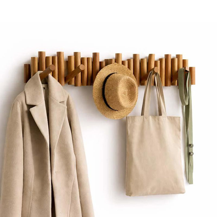 Wooden Wall Coat Rack with Flip Hooks – Beveled Pine Dowels for Entryw ...