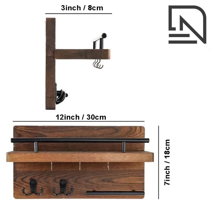 Wooden key holder with shelf and vintage hooks on the white background with product dimensions.
