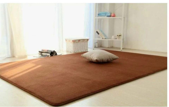 Brown rug on a light-colored floor with a white shelf in the background