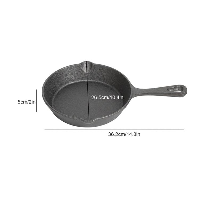 Large cast iron skillet 26.5 cm (10.4 in) wide, built for searing meats and high-heat cooking.