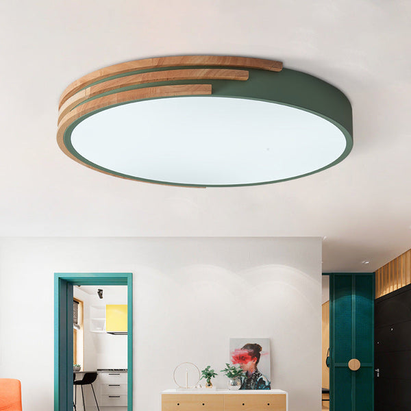 Large Nordic LED ceiling lamp in green and wood finish, minimalist home interior lighting