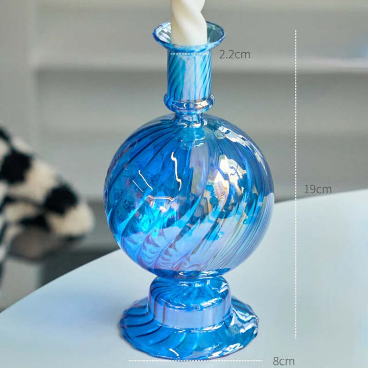 Blue ribbed glass sphere candle holder measuring 7.5 in (19 cm) tall and 3.1 in (8 cm) wide with 0.9 in (2.2 cm) opening