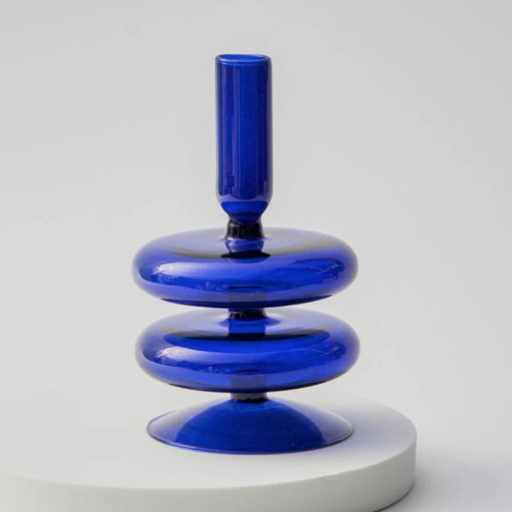 Deep cobalt blue glass candle holder with double-ring base in modern Scandinavian style