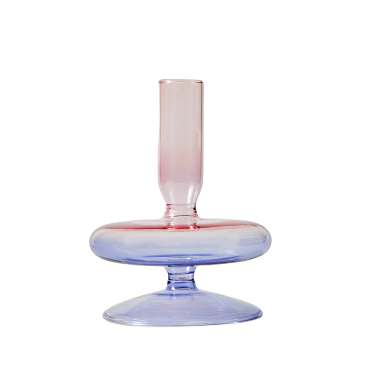 Gradient pink and lilac glass candle holder with smooth rounded form and minimalist Scandinavian design