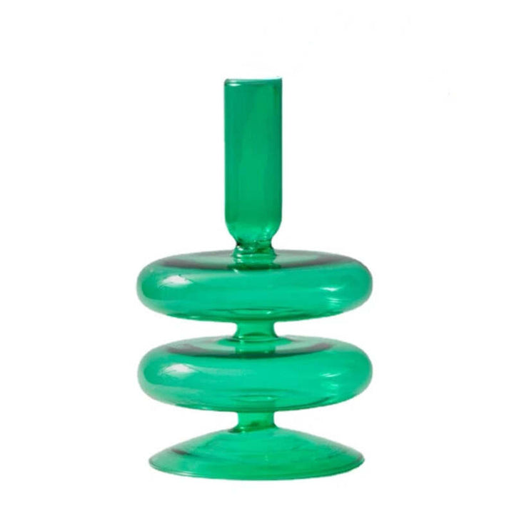 Emerald green glass double-ring candle holder with sleek cylindrical neck and glossy finish
