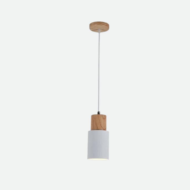 White Nordic wood and metal pendant light with adjustable cord, minimalist Scandinavian ceiling fixture.