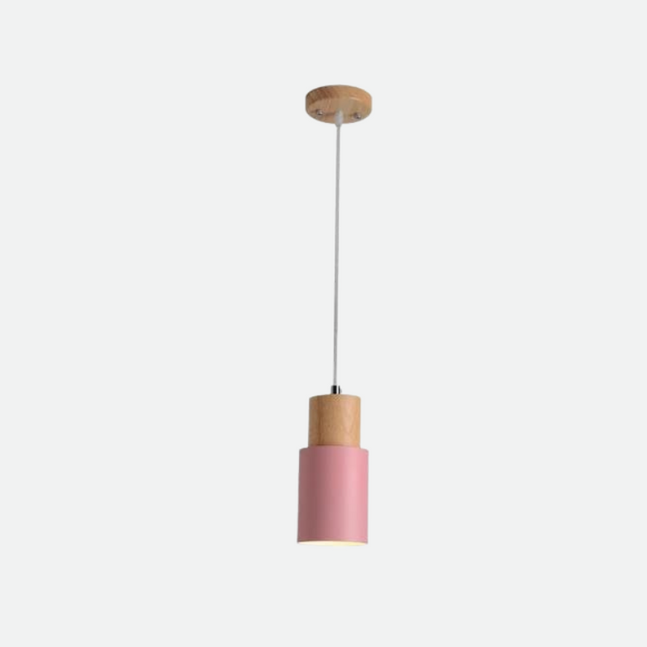 Pink Scandinavian pendant lamp with natural wood accent, perfect for modern home interiors.