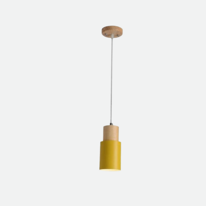 Yellow wood and metal cylinder pendant light in Nordic style for warm and inviting décor.