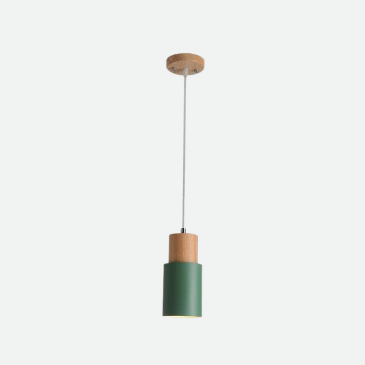 Green Scandinavian pendant light with wooden detail, elegant minimalist lighting for home.