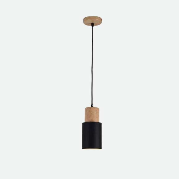 Black Nordic pendant lamp with natural wood top, stylish modern ceiling light for living or dining spaces.