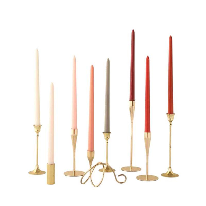 Dripless smokeless wax taper candles in gold holders, red/grey/pink, for dining décor