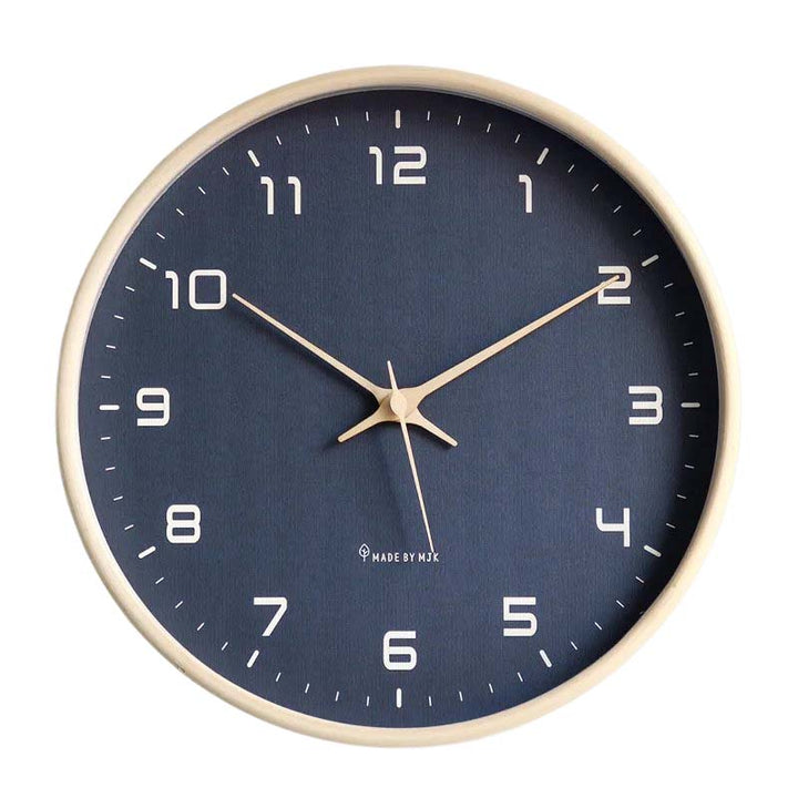 Kitchen Wall clock with navy blue face and beige frame on a white background