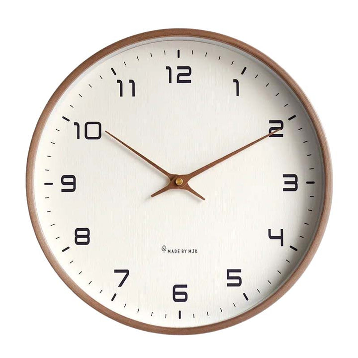 Round wall clock with white face, black numbers, and brown wooden frame on a white background.