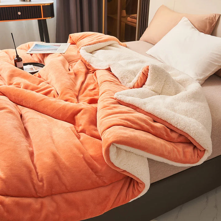 Orange fleece blanket with white lambswool interior on bed, soft Scandinavian-style throw for modern bedrooms