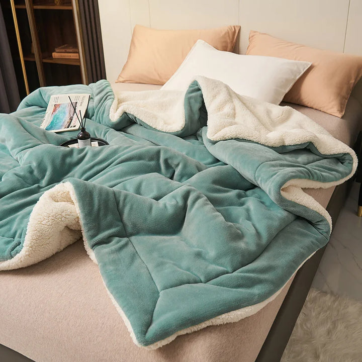 Teal milk fleece blanket with white lambswool interior, Scandinavian-inspired throw for bedroom comfort
