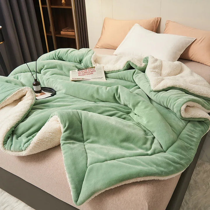 Green milk fleece blanket with lambswool lining on bed, soft Nordic-inspired bedding for warm interiors