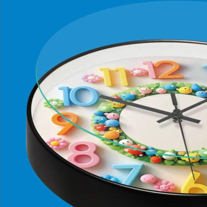 Close-up side view of cartoon wall clock showing 3D numbers and curved glass cover.