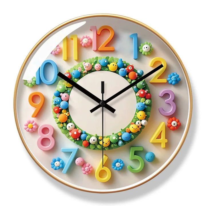 Colourful cartoon wall clock with raised 3D numbers and playful characters on a white background.