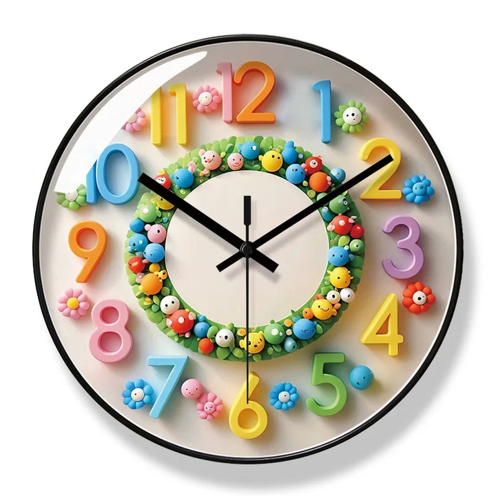 Black-rim cartoon wall clock featuring multicoloured 3D numbers and decorative character ring.