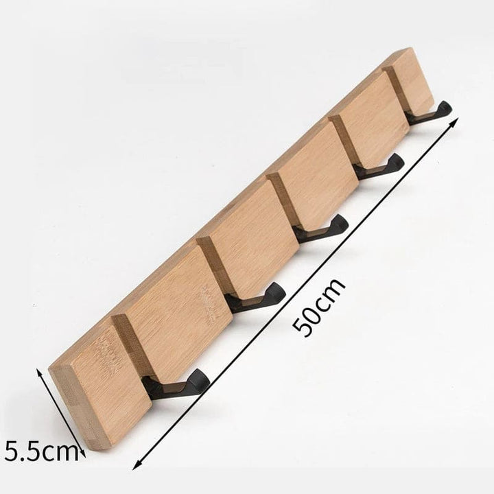 Five-hook bamboo wall rack measuring 50 cm (19.7 in) wide and 5.5 cm (2.2 in) deep for organising coats and bags.