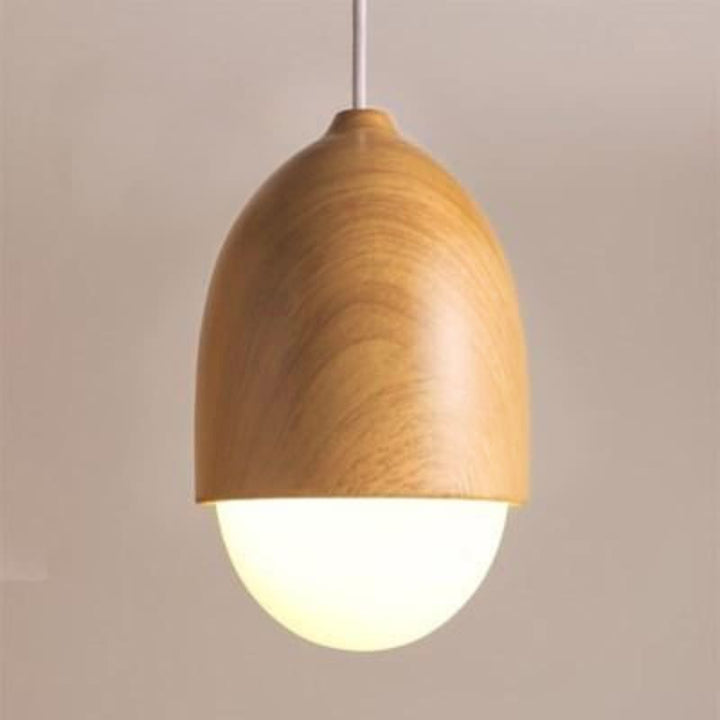 Natural wood dome pendant light with frosted glass shade, minimalist Scandinavian design.