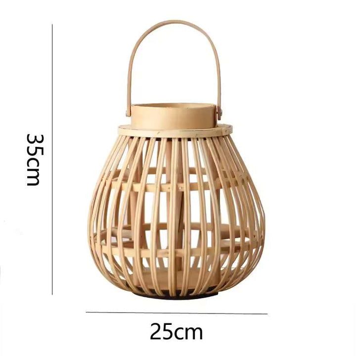 Round bamboo lantern 35 cm (13.8 in) height × 25 cm (9.8 in) width with soft candlelight