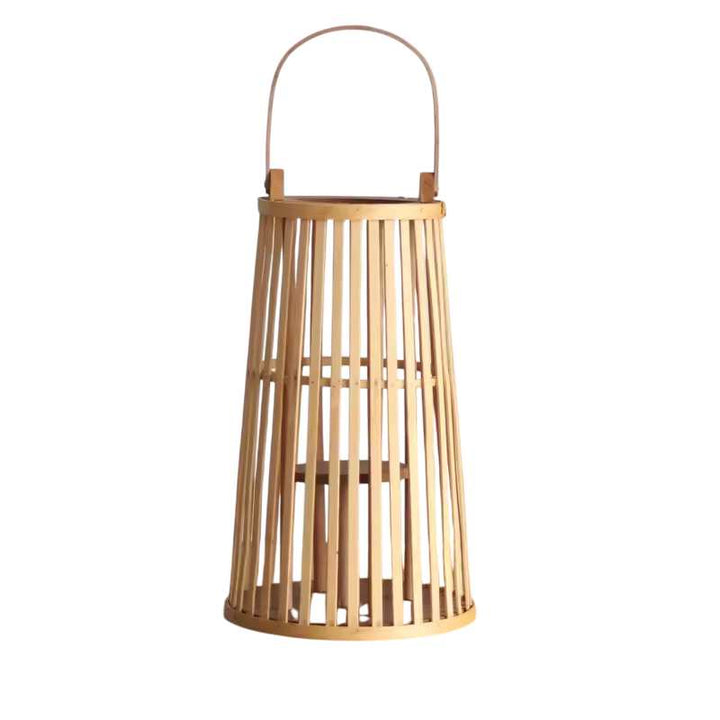 Minimalist conical bamboo lantern with candle holder and curved handle on neutral background