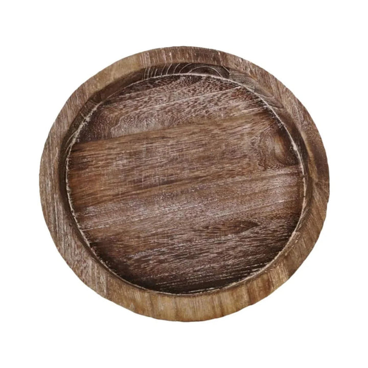 Empty round wooden tray in natural brown wood grain finish, minimalist Scandinavian design