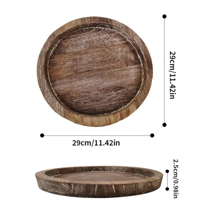 Large 29 cm (11.42 in) round wooden tray, 2.5 cm (0.98 in) high, rustic Scandinavian home décor