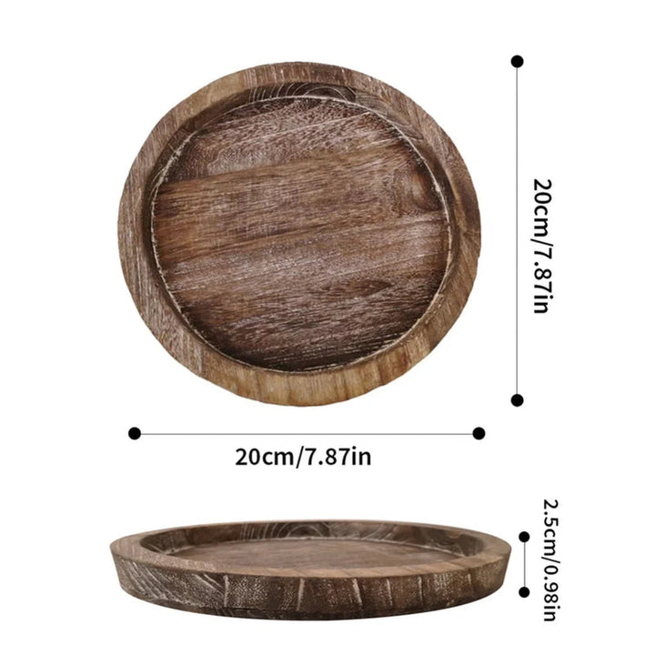 Small 20 cm (7.87 in) round wooden tray, 2.5 cm (0.98 in) high, lightweight paulownia wood design