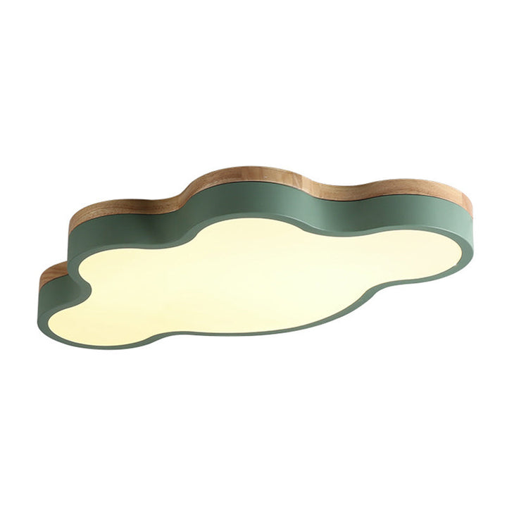 Green cloud ceiling lamp with wooden trim and warm LED glow, combining playful design with soft illumination.