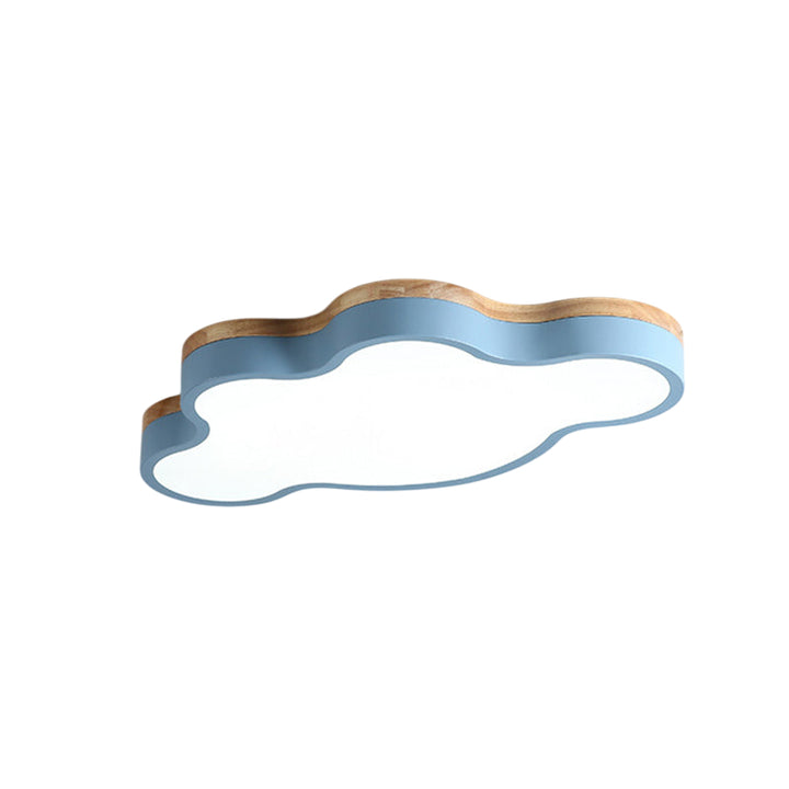 Blue cloud ceiling lamp with wooden trim and warm LED glow, combining playful design with soft illumination.