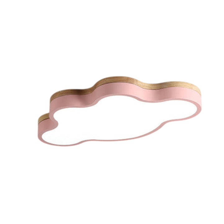 Pink cloud ceiling lamp with wooden trim and warm LED glow, combining playful design with soft illumination.