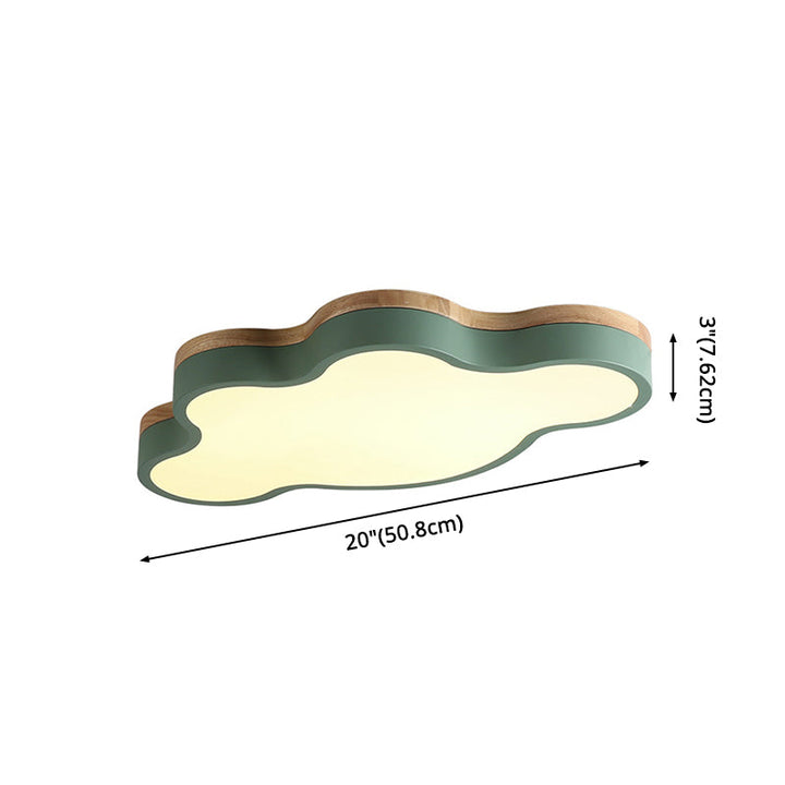Green cloud-shaped ceiling light measuring 50.8 cm (20 in) × 7.62 cm (3 in), showing dimensions and curved silhouette.