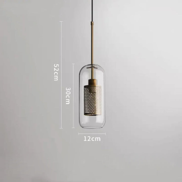 Tall cylindrical glass pendant light with metal mesh diffuser measuring 52 cm by 12 cm