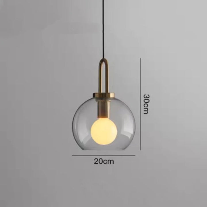 Clear glass globe pendant light with metal top measuring 11.8 in (30 cm) high and 7.9 in (20 cm) wide, E27 fitting