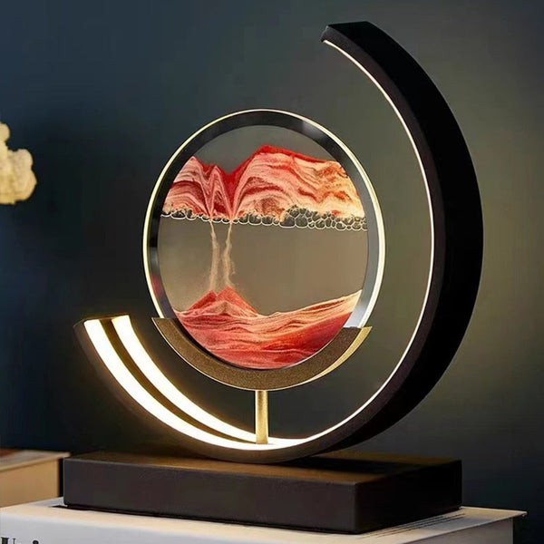 Crescent LED quicksand table lamp featuring red flowing sand art in a circular display.