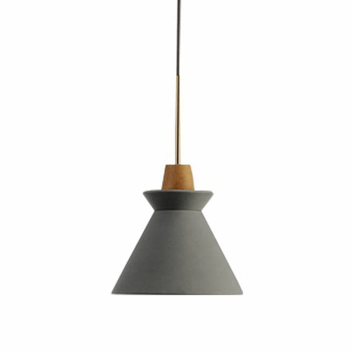 Close-up of modern pendant lamp with conical cement shade and wood accent, Scandinavian style.