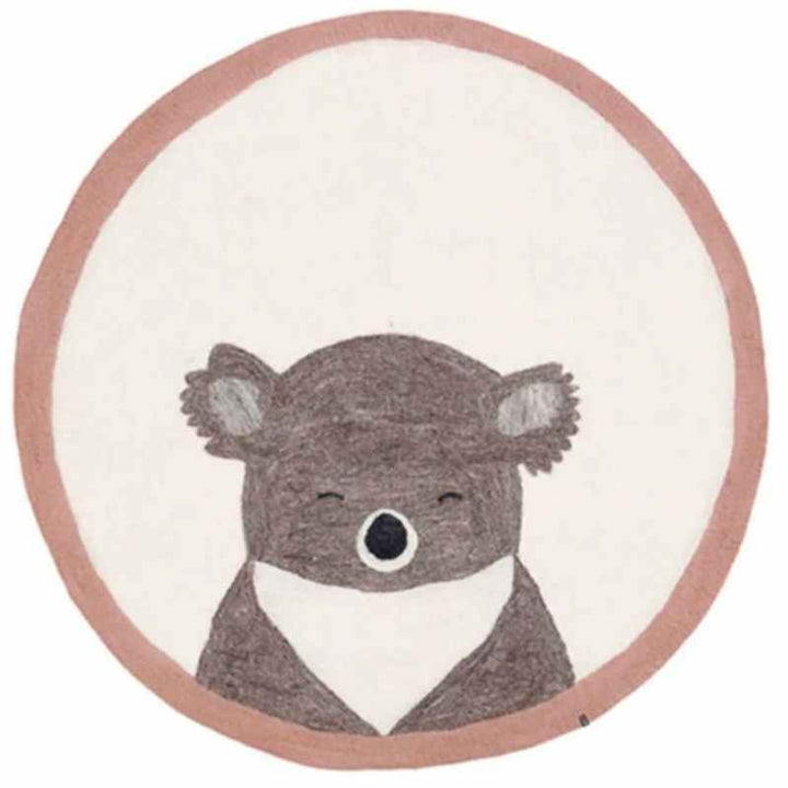 Circular beige and brown rug featuring koala design, plush faux cashmere nursery carpet for children’s room.