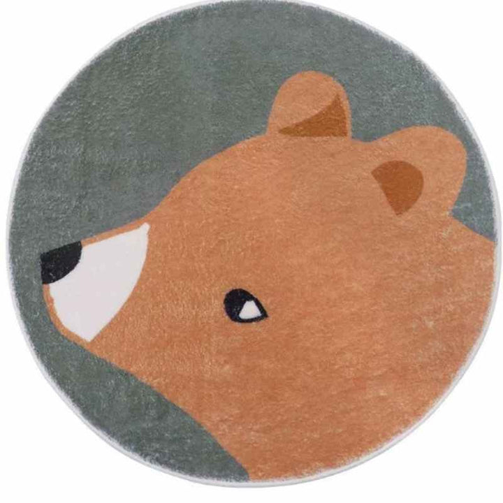 Round grey and tan bear rug, ultra-soft faux cashmere kids’ mat for play area or bedroom décor.