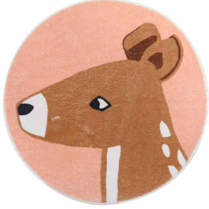 Circular peach and brown deer rug with white spots, cosy faux cashmere nursery floor mat.