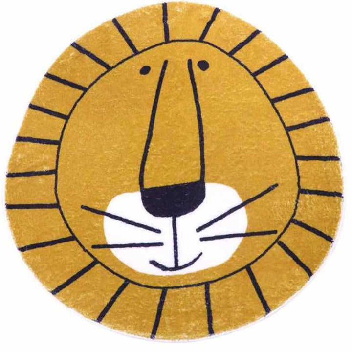 Mustard yellow lion rug with hand-drawn style, ultra-soft faux cashmere children’s carpet.