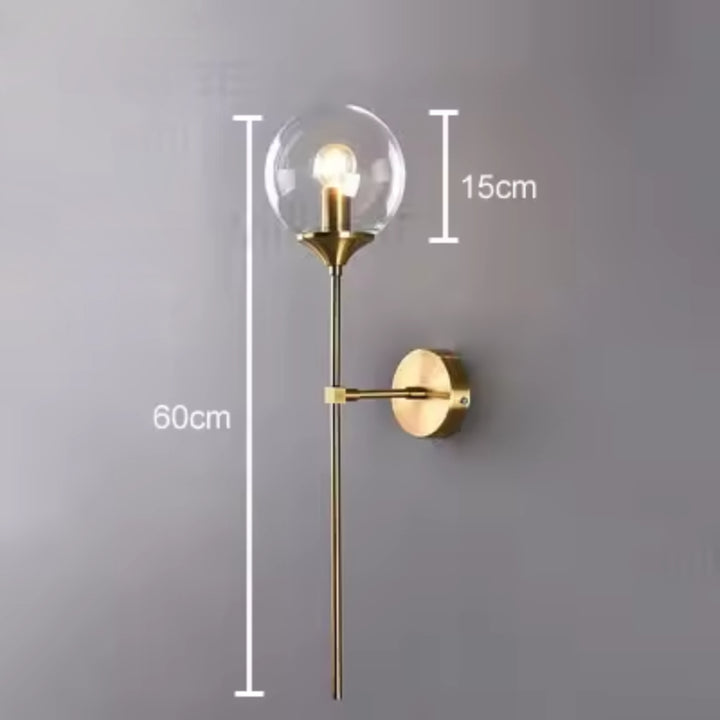 Brass and glass Nordic wall sconce with dimensions 60 cm (23.6 in) height and 15 cm (5.9 in) width shown for size reference.