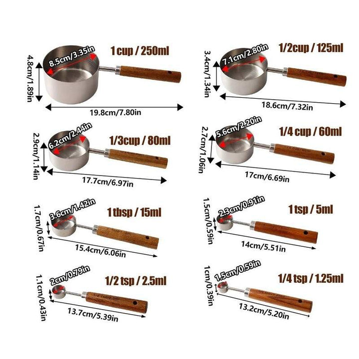 Stainless steel measuring cups and spoons with wood handles and labeled metric size guide
